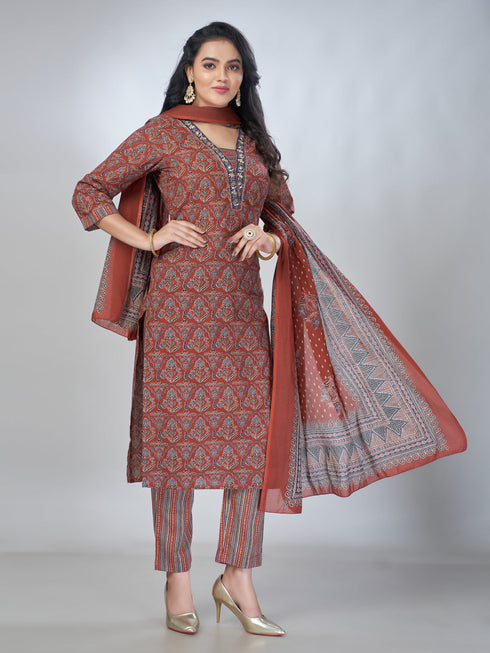 Amchoor Maroon Cotton Floral Kurta Sets For Womens