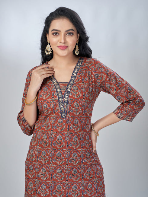 Amchoor Maroon Cotton Floral Kurta Sets For Womens