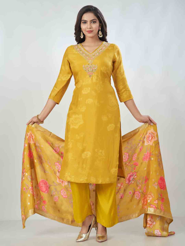 Amchoor Mustard Russian Silk Solid Kurta Sets For Womens