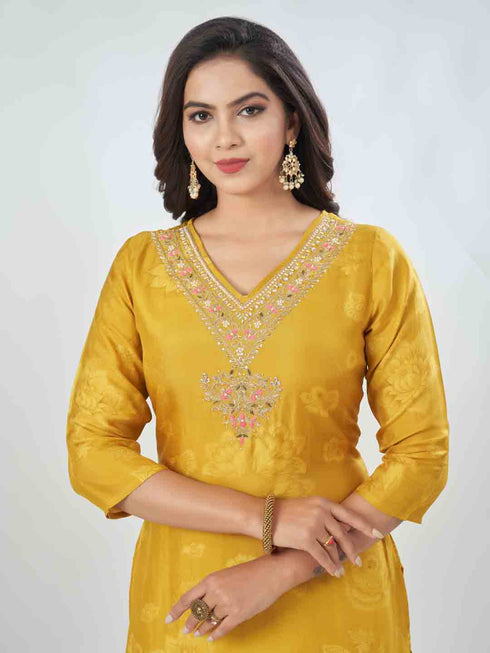 Amchoor Mustard Russian Silk Solid Kurta Sets For Womens