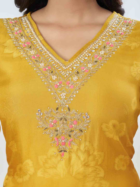 Amchoor Mustard Russian Silk Solid Kurta Sets For Womens