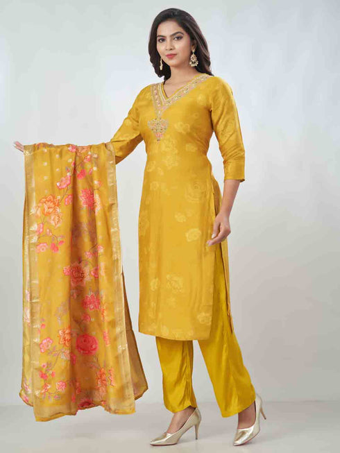 Amchoor Mustard Russian Silk Solid Kurta Sets For Womens