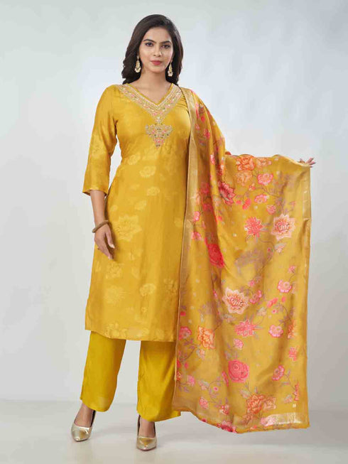 Amchoor Mustard Russian Silk Solid Kurta Sets For Womens
