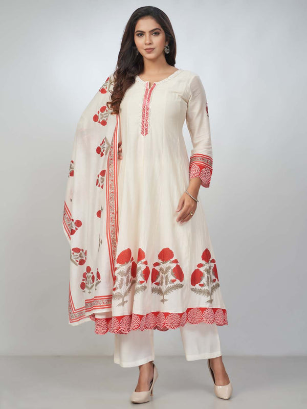 Amchoor Red Chanderi Floral Kurta Sets for Womens