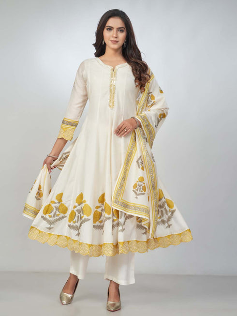 Amchoor Yellow Chanderi Floral Kurta Sets for Womens