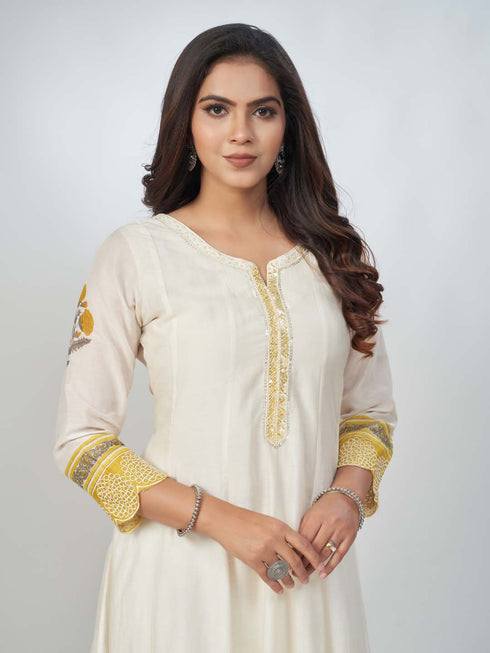 Amchoor Yellow Chanderi Floral Kurta Sets for Womens