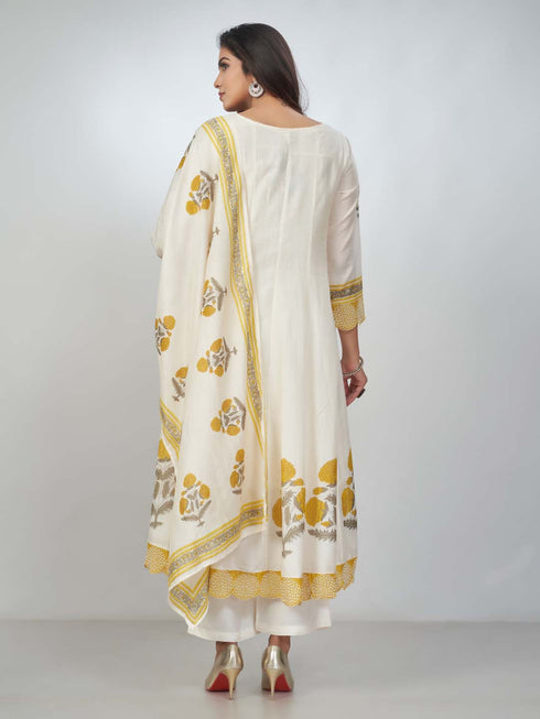 Amchoor Yellow Chanderi Floral Kurta Sets for Womens