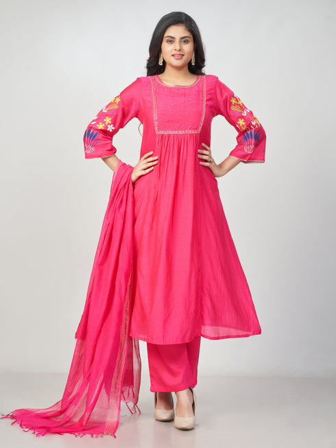 Amchoor Fuchsia Chanderi Solid Kurti Set for Womens