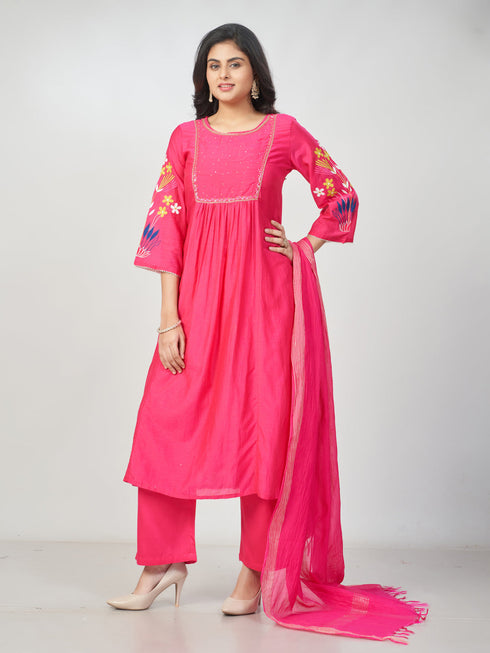 Amchoor Fuchsia Chanderi Solid Kurti Set for Womens