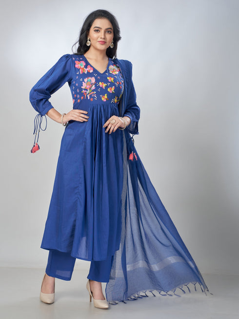 Amchoor Blue Mul Chanderi Embroidered Kurta Sets For Womens