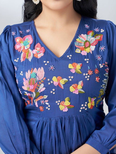 Amchoor Blue Mul Chanderi Embroidered Kurta Sets For Womens
