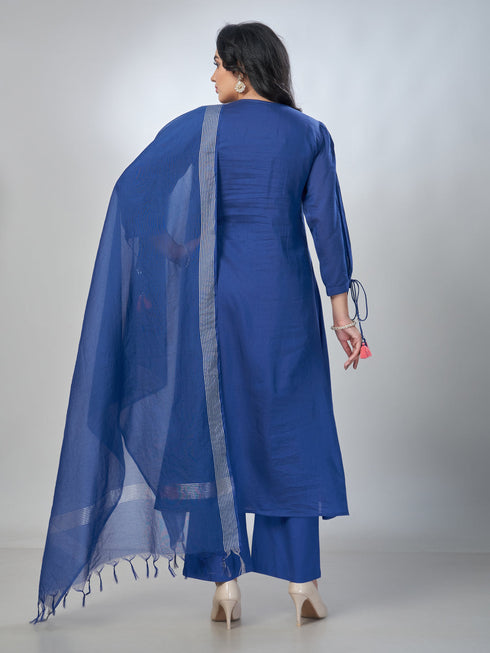 Amchoor Blue Mul Chanderi Embroidered Kurta Sets For Womens