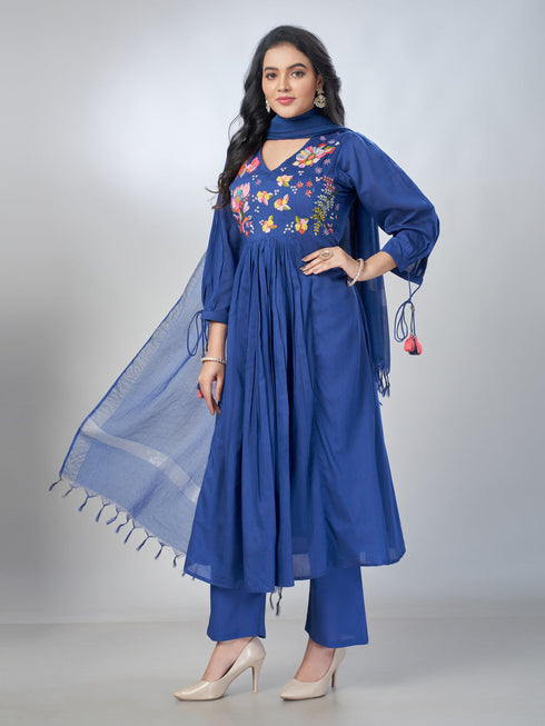 Amchoor Blue Mul Chanderi Embroidered Kurta Sets For Womens