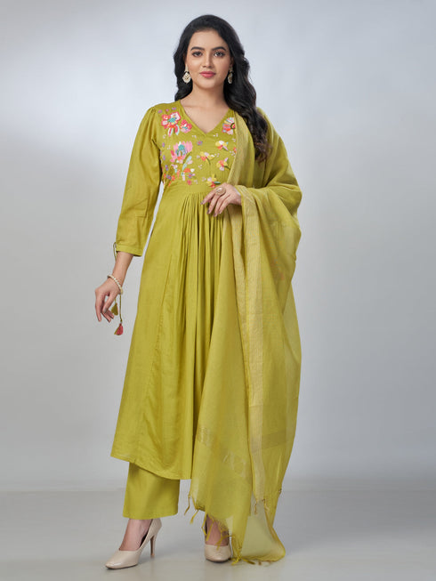 Amchoor Green Mul Chanderi Embroidered Kurta Sets For Womens