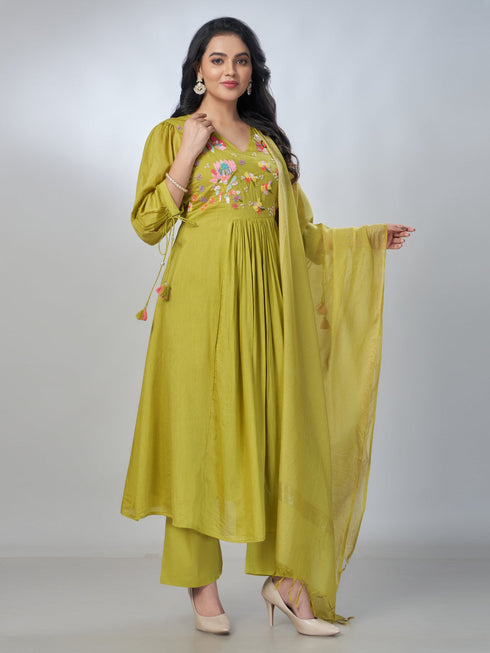 Amchoor Green Mul Chanderi Embroidered Kurta Sets For Womens