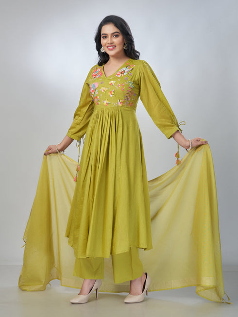 Amchoor Green Mul Chanderi Embroidered Kurta Sets For Womens