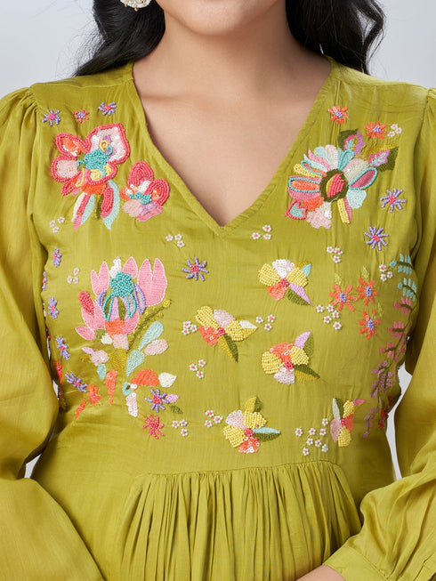 Amchoor Green Mul Chanderi Embroidered Kurta Sets For Womens