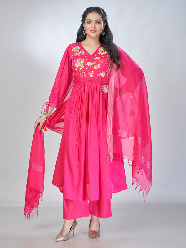 Amchoor Pink Mul Chanderi Embroidered Kurta Sets For Womens