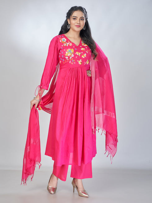 Amchoor Pink Mul Chanderi Embroidered Kurta Sets For Womens