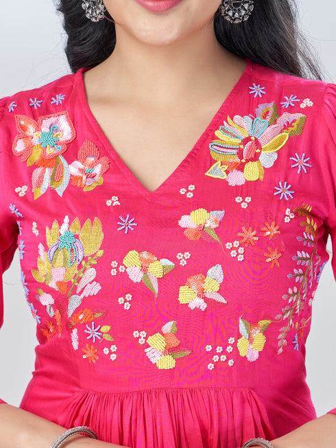 Amchoor Pink Mul Chanderi Embroidered Kurta Sets For Womens
