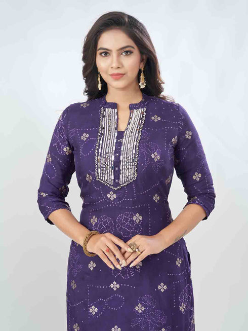 Amchoor Purple Organza Jacquard Bandhani Kurta Sets For Womens