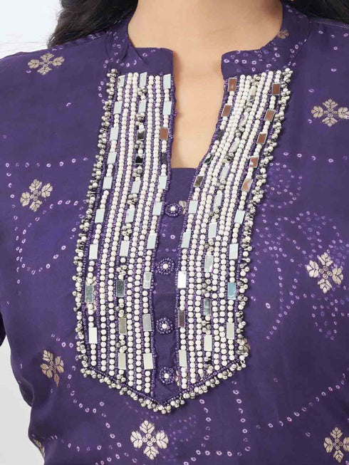 Amchoor Purple Organza Jacquard Bandhani Kurta Sets For Womens