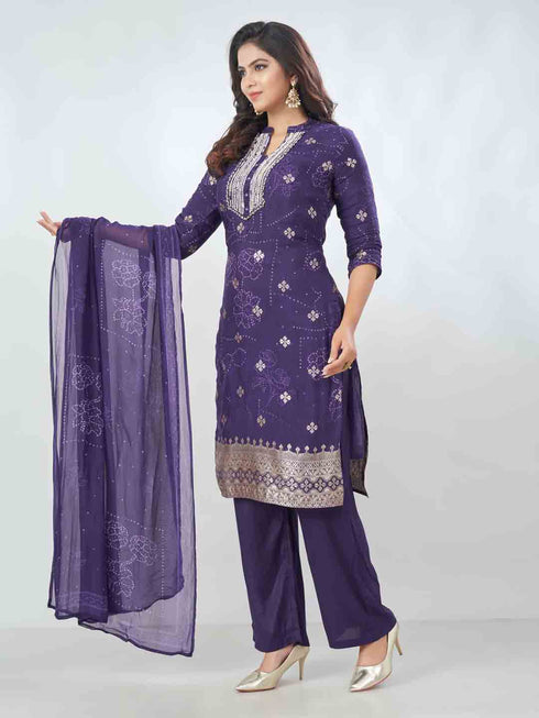 Amchoor Purple Organza Jacquard Bandhani Kurta Sets For Womens