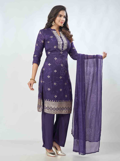 Amchoor Purple Organza Jacquard Bandhani Kurta Sets For Womens