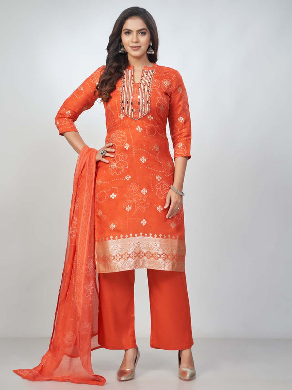 Amchoor Orange organza jacquard Bandhani Kurta Sets for Womens