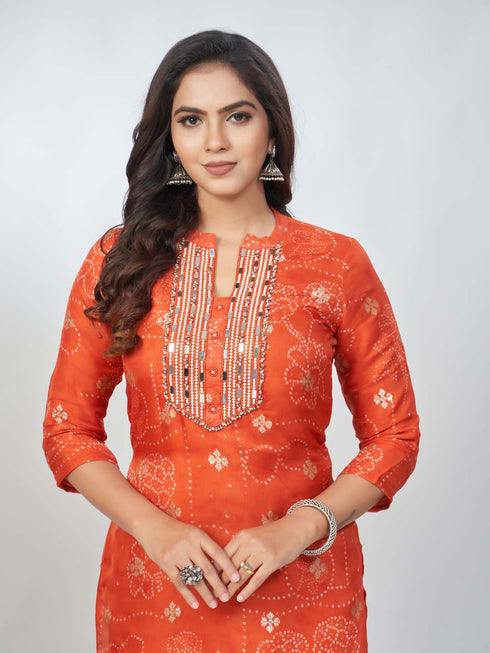Amchoor Orange organza jacquard Bandhani Kurta Sets for Womens
