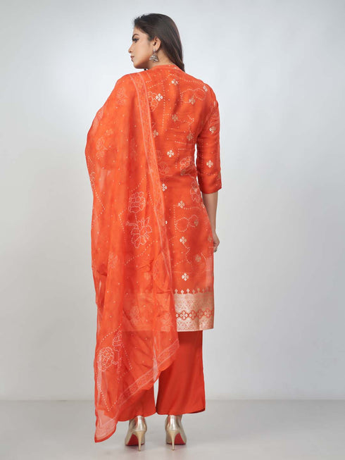 Amchoor Orange organza jacquard Bandhani Kurta Sets for Womens