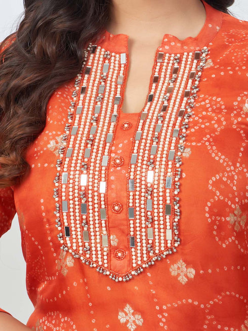 Amchoor Orange organza jacquard Bandhani Kurta Sets for Womens