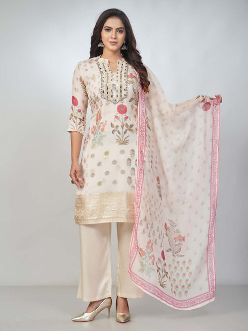 Amchoor Cream organza jacquard Bandhani Kurta Sets for Womens