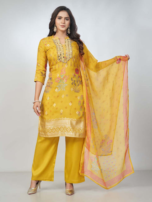 Amchoor Mustard organza jacquard Bandhani Kurta Sets for Womens