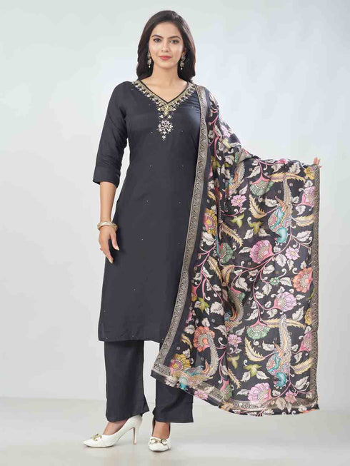 Amchoor Black Russian Silk Solid Kurta Sets For Womens