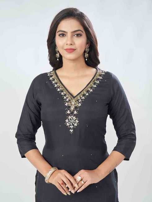 Amchoor Black Russian Silk Solid Kurta Sets For Womens
