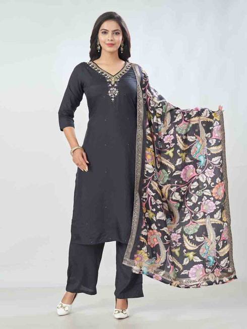 Amchoor Black Russian Silk Solid Kurta Sets For Womens