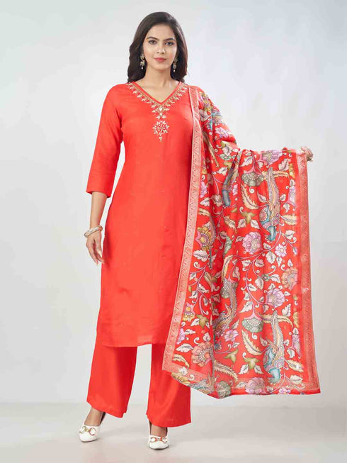 Amchoor Red Russian Silk Solid Kurta Sets For Womens