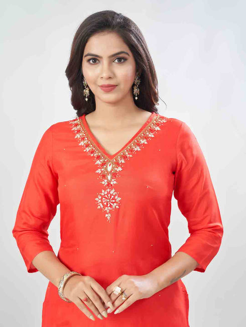 Amchoor Red Russian Silk Solid Kurta Sets For Womens