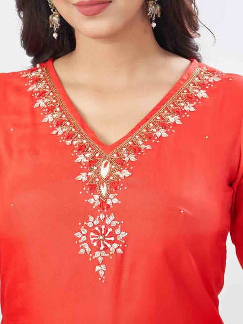 Amchoor Red Russian Silk Solid Kurta Sets For Womens