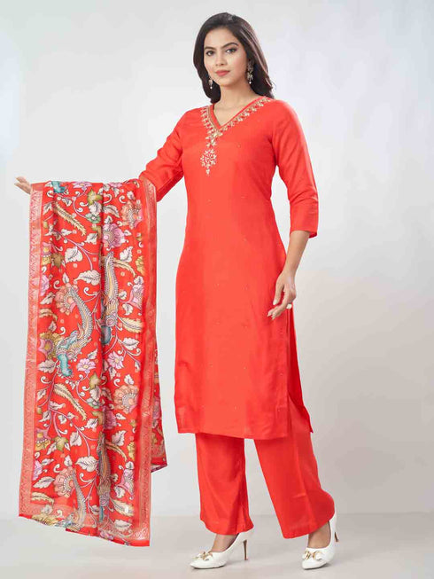 Amchoor Red Russian Silk Solid Kurta Sets For Womens