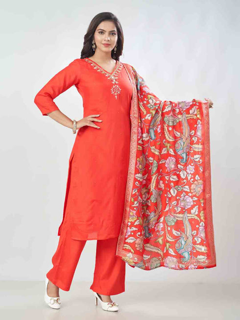 Amchoor Red Russian Silk Solid Kurta Sets For Womens
