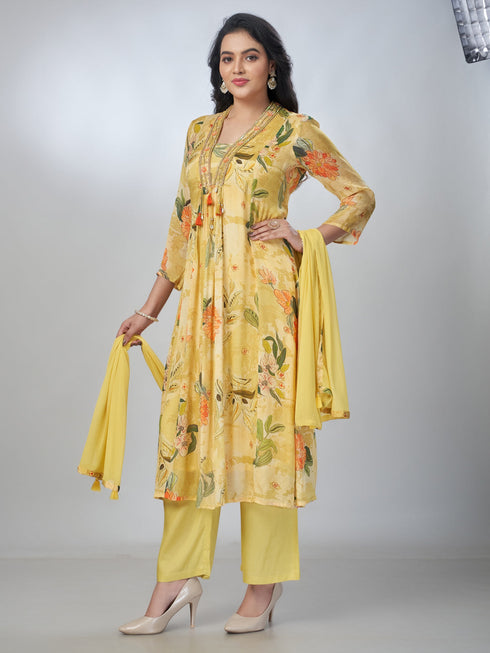 Amchoor Yellow Chinon Floral Kurta Sets For Womens