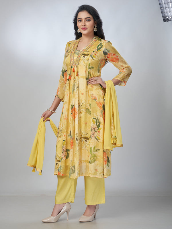Amchoor Yellow Chinon Floral Kurta Sets For Womens