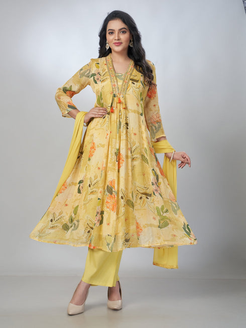 Amchoor Yellow Chinon Floral Kurta Sets For Womens