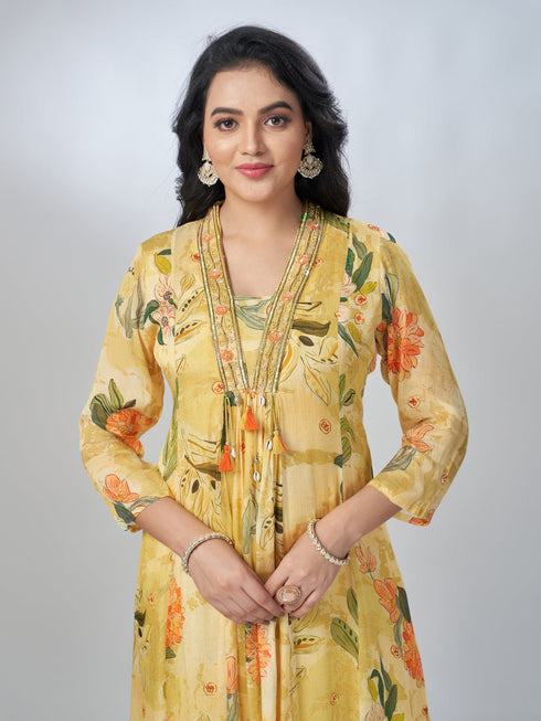 Amchoor Yellow Chinon Floral Kurta Sets For Womens
