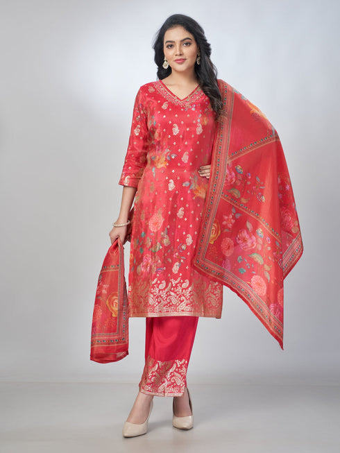 Amchoor Fuchsia Shimmer Jacqurd Gold Print Kurta Sets For Womens