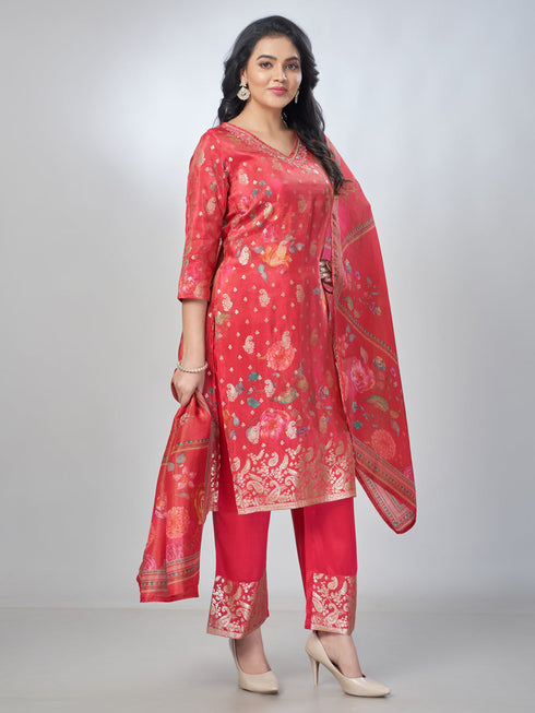 Amchoor Fuchsia Shimmer Jacqurd Gold Print Kurta Sets For Womens