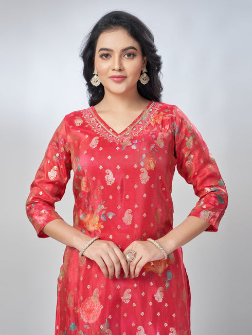 Amchoor Fuchsia Shimmer Jacqurd Gold Print Kurta Sets For Womens