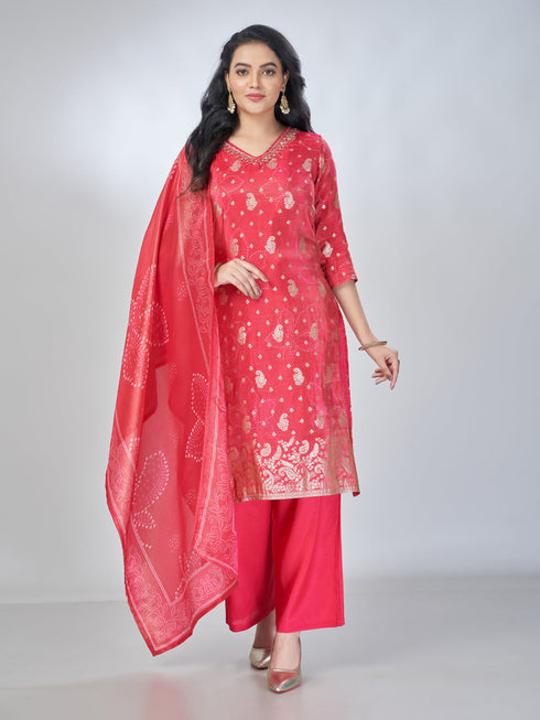 Amchoor Fuchsia Shimmer Jacqurd Gold Print Kurta Sets For Womens